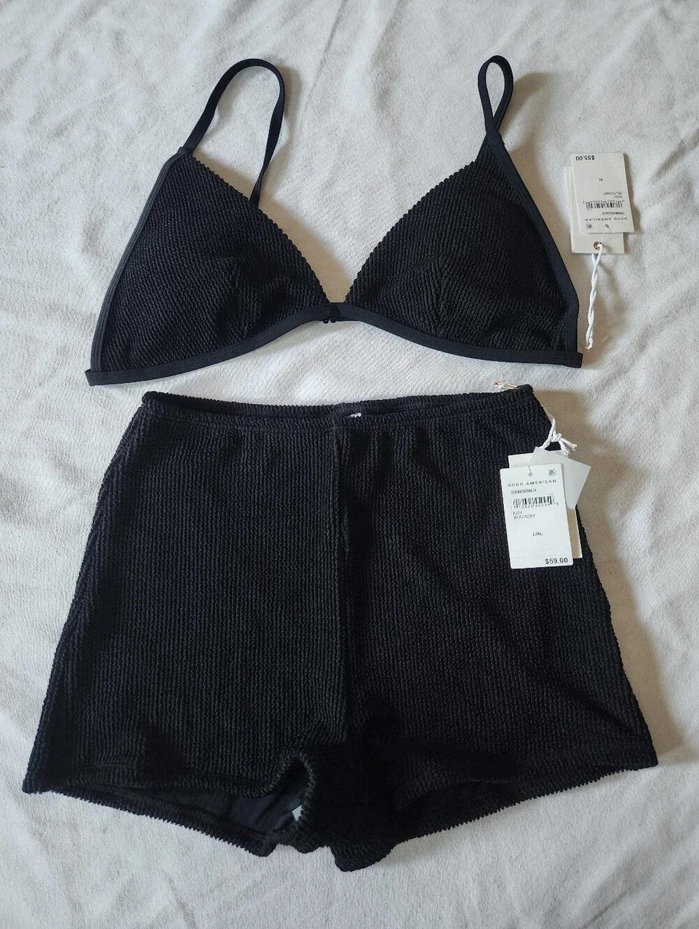 Good American Black Textured Bikini Top Swim Shorts Set XL L/XL NWT